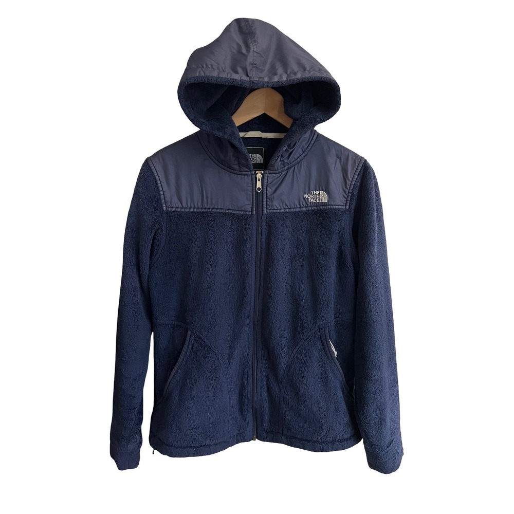 The North Face Womens M Navy Blue Denali Hooded Fleece Logo Jacket Ou doors Cozy